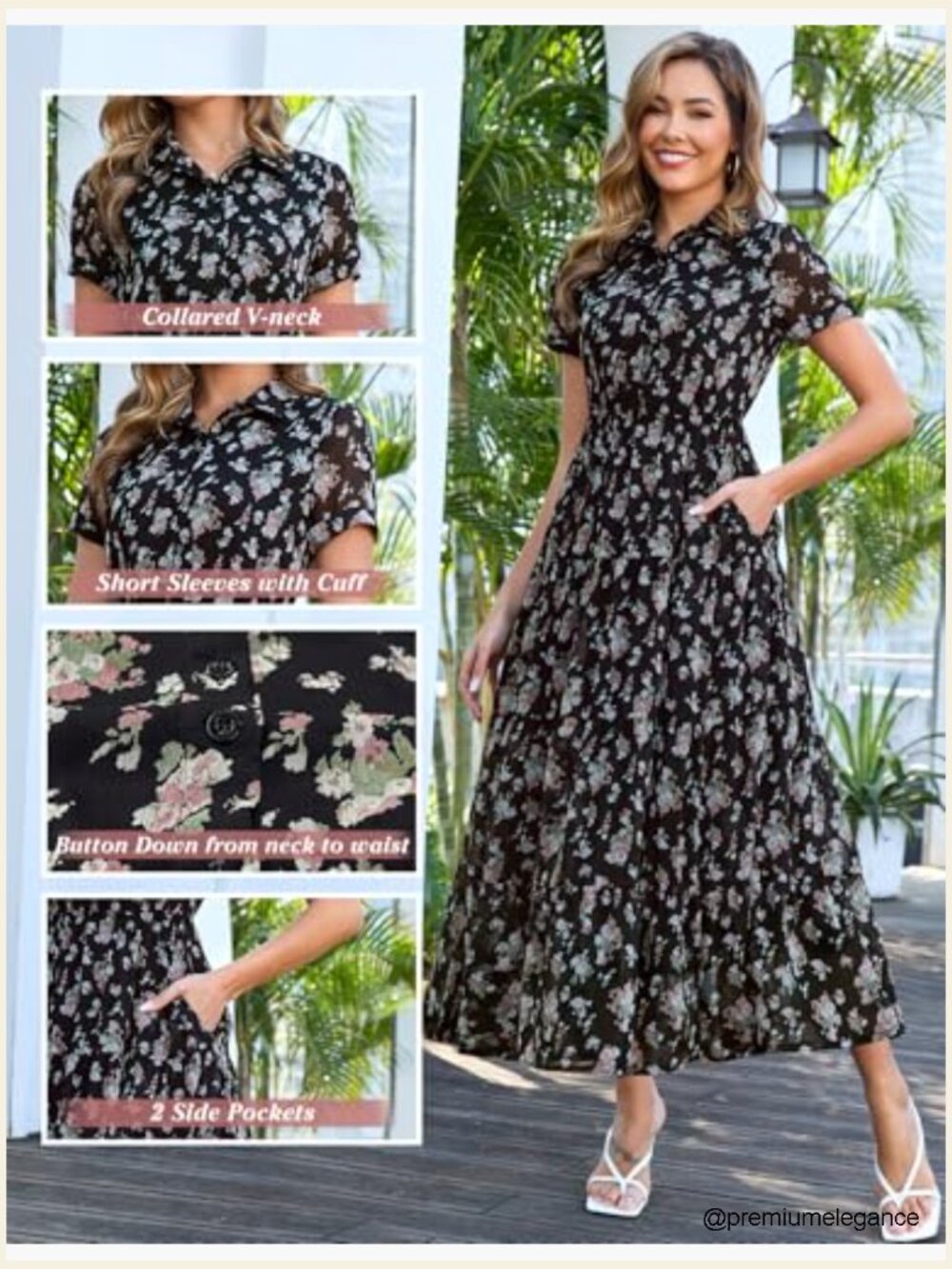 Floral Maxi Dress with Pockets, V-Neck, Tiered Skirt, Chiffon - Picture 4 of 7